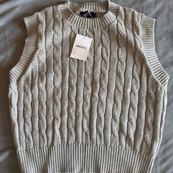 New! Forever 21 Grey Cable Knit Sweater Vest 100% Cotton Ladies Medium - Picture 5 of 10